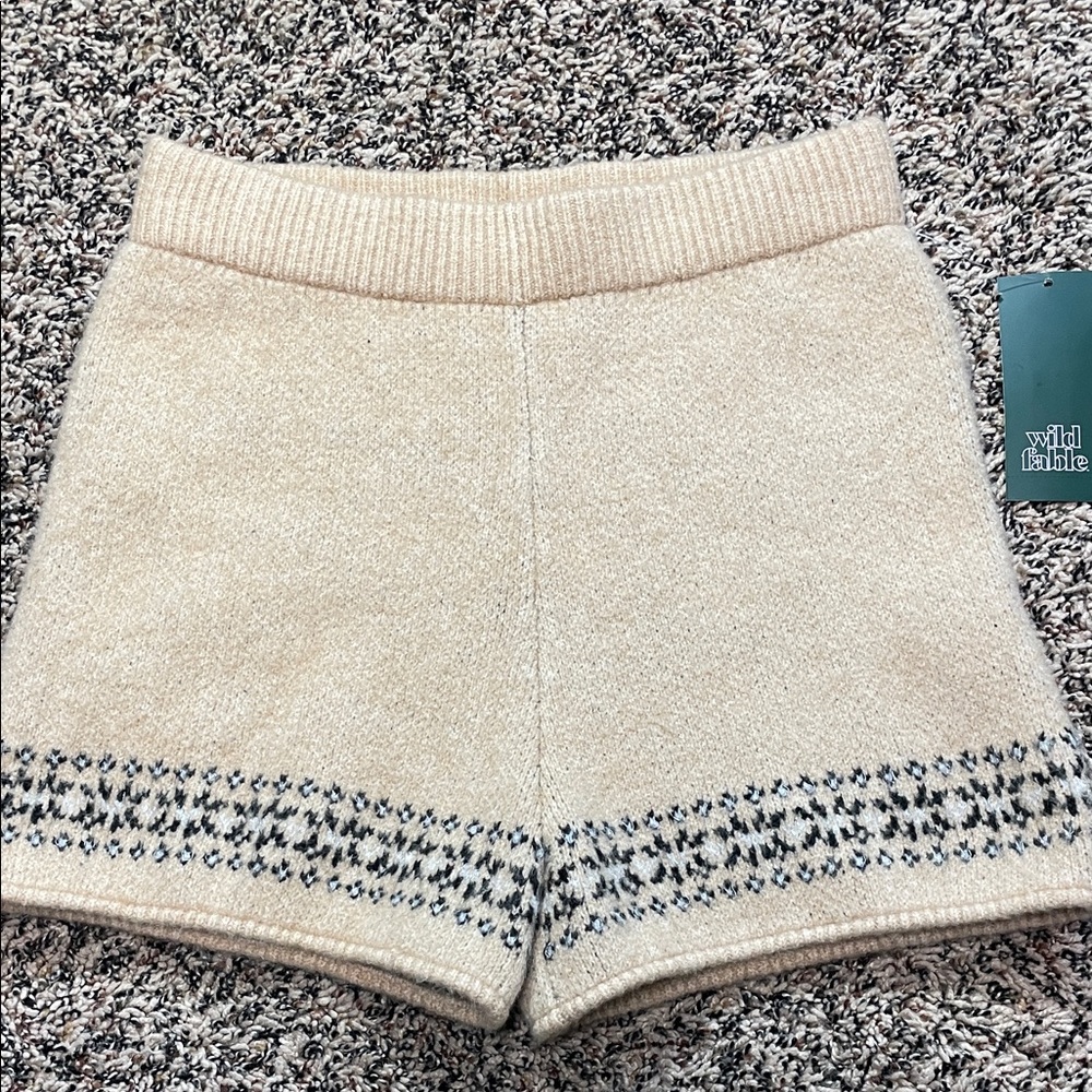 wild fable Cream High Waist Knit Shorts with Black Pattern